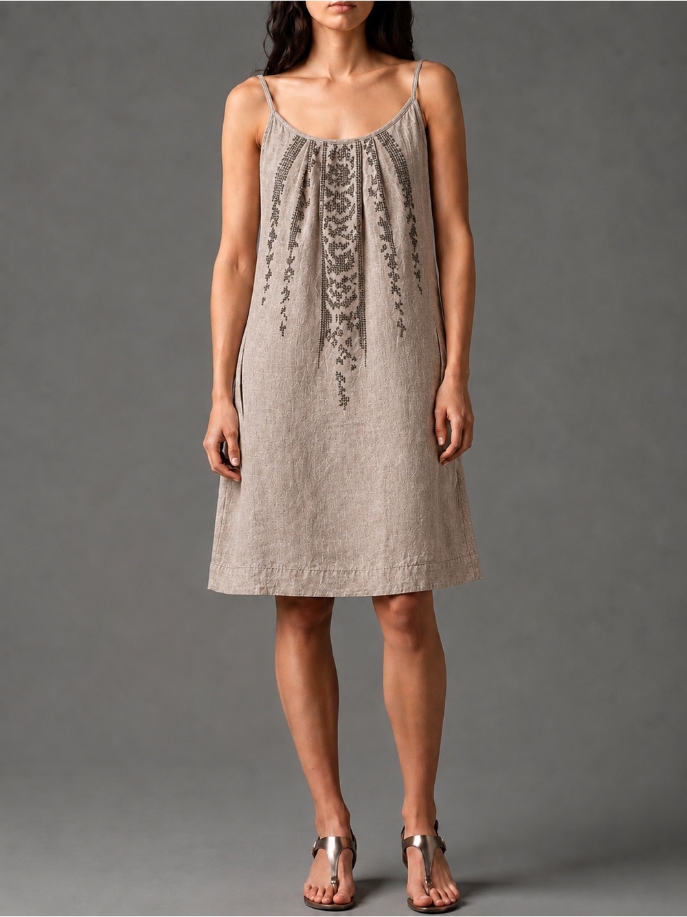 Eileen Fisher Organic Linen Embroidered Slip Dress Taupe PS Pockets